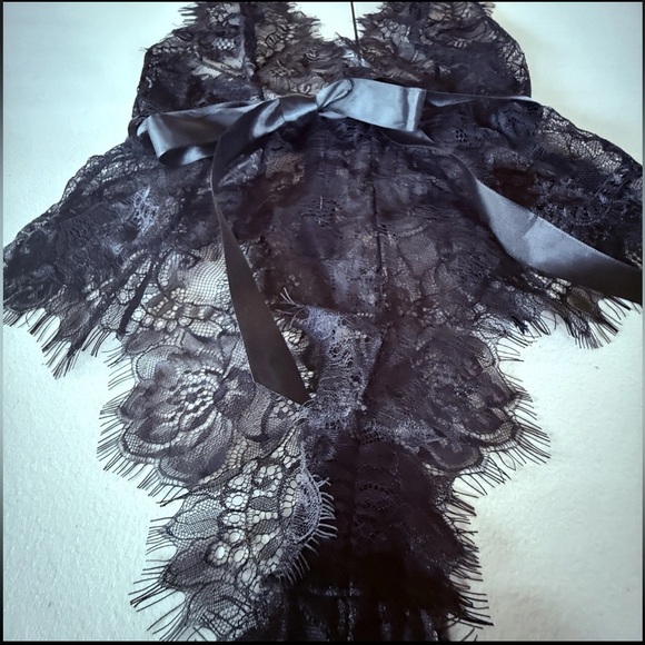 NWOT Oh La La Cheri Black Lace Teddy Bodysuit Satin Tie Womens L XL - Picture 2 of 7